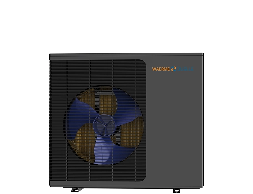 Eine schwarze Wärmepumpe der Firma Waermequelle auf transparentem Hintergrund.
