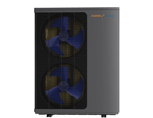 Eine schwarze Wärmepumpe der Firma Waermequelle auf transparentem Hintergrund.