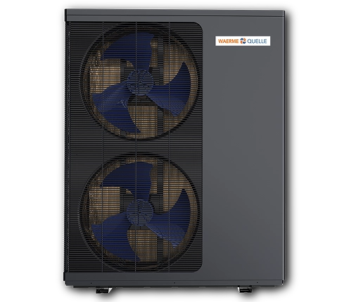 Eine schwarze Wärmepumpe der Firma Waermequelle auf transparentem Hintergrund.