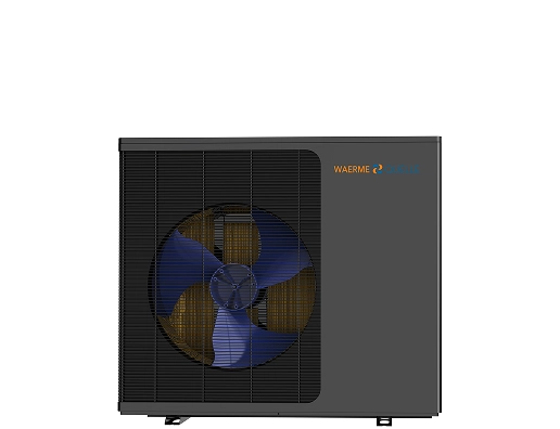 Eine schwarze Wärmepumpe der Firma Waermequelle auf transparentem Hintergrund.