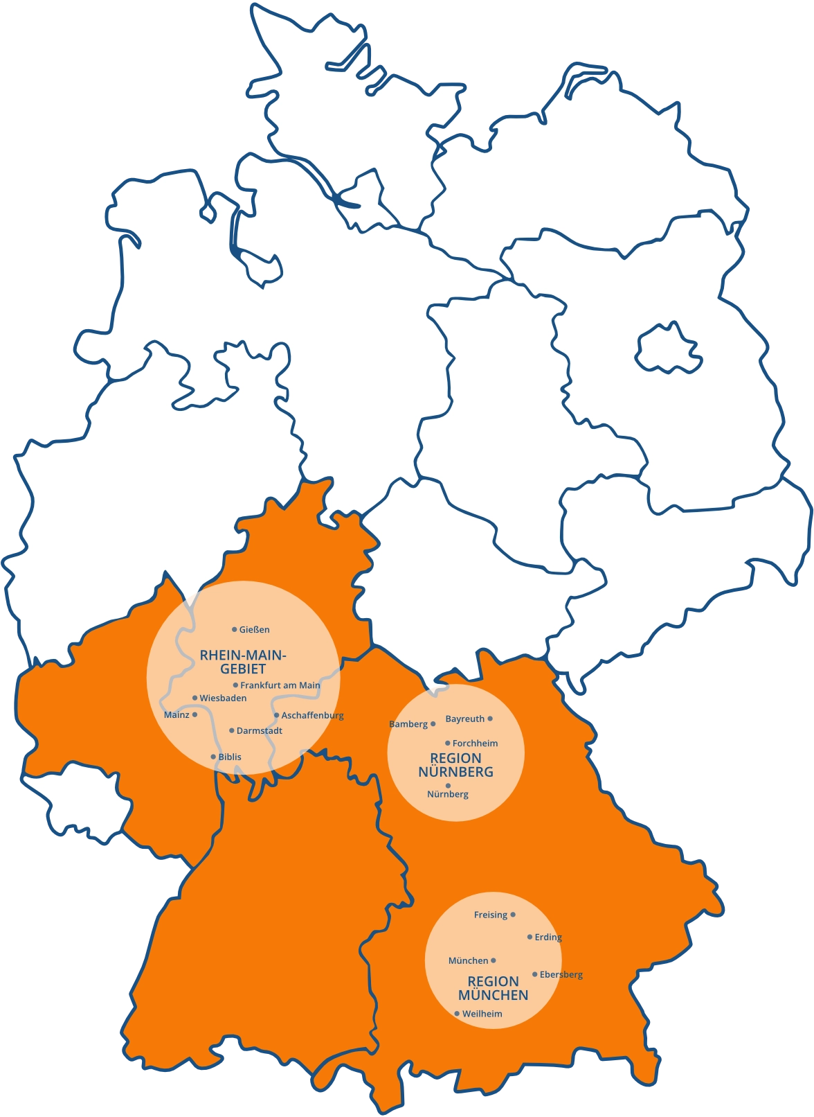 Karte des Einsatzgebiets von Waermequelle: Rhein-Main-Gebiet, Region München und Region Nürnberg.