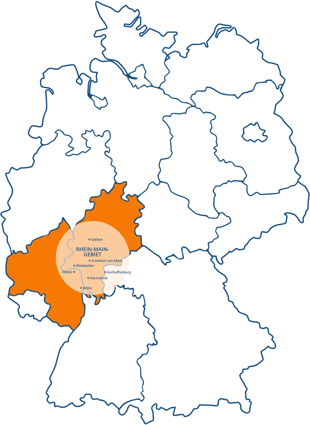 Karte des Einsatzgebiets von Waermequelle: 100-km-Radius um Frankfurt am Main.