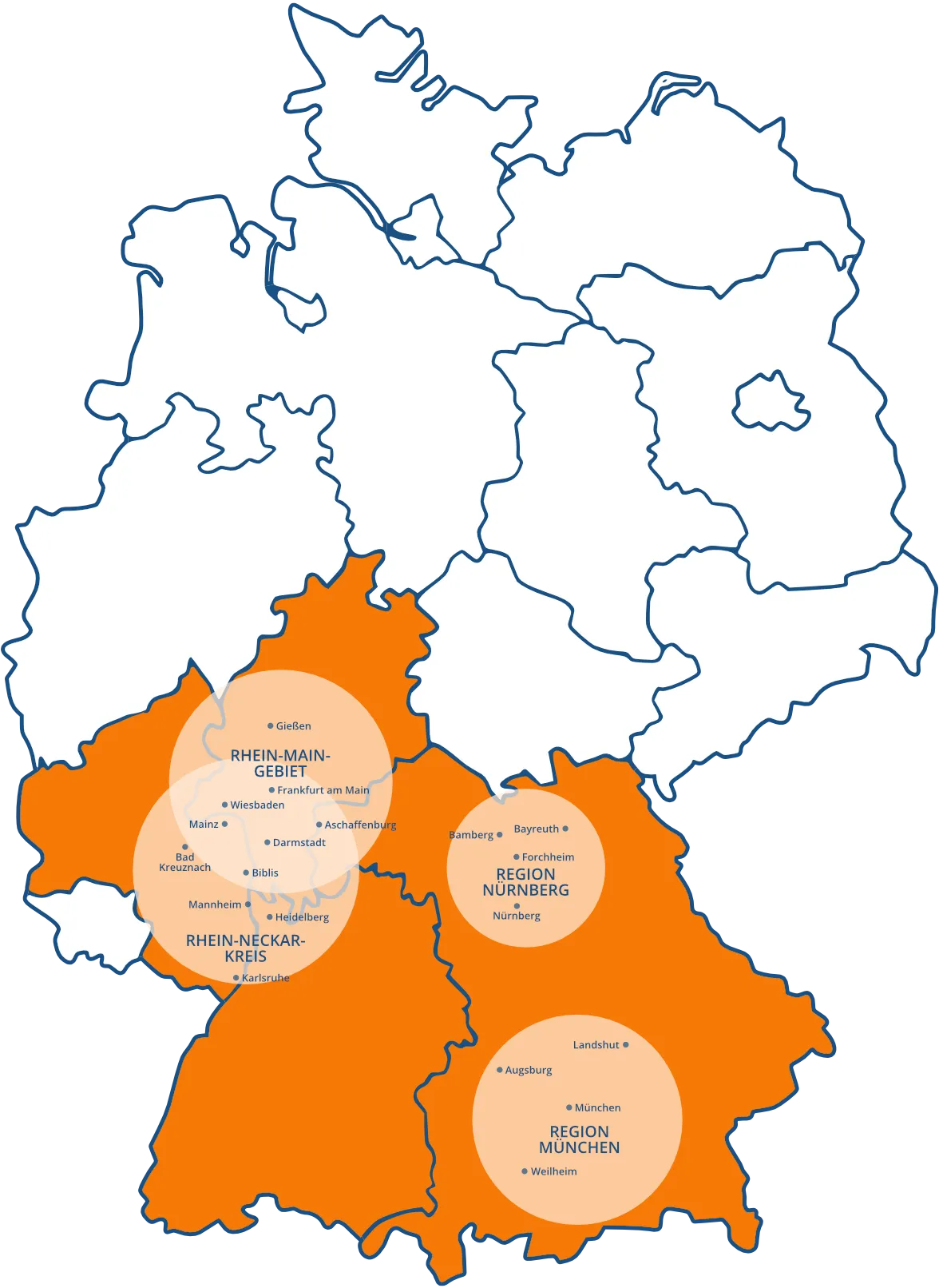 Eine Karte von Deutschland mit eingezeichneten Bundesländern, davon Hessen, Baden-Württemberg, Rheinland-Pfalz und Bayern orange markiert.