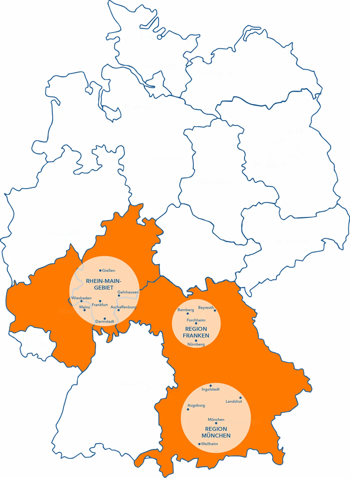 Eine Karte von Deutschland mit eingezeichneten Bundesländern, davon Hessen, Rheinland-Pfalz und Bayern orange markiert.