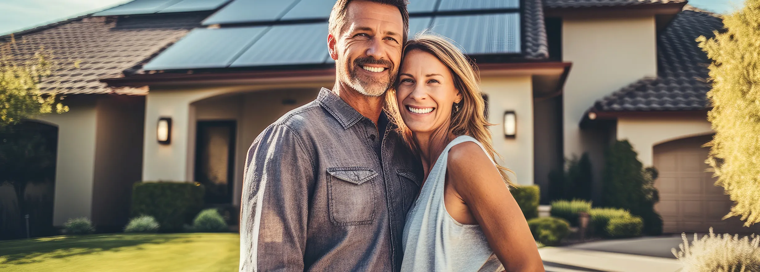 Ein Paar mittleren Alters lächelnd vor einem Haus mit Garten und Photovoltaikanlage auf dem Dach.