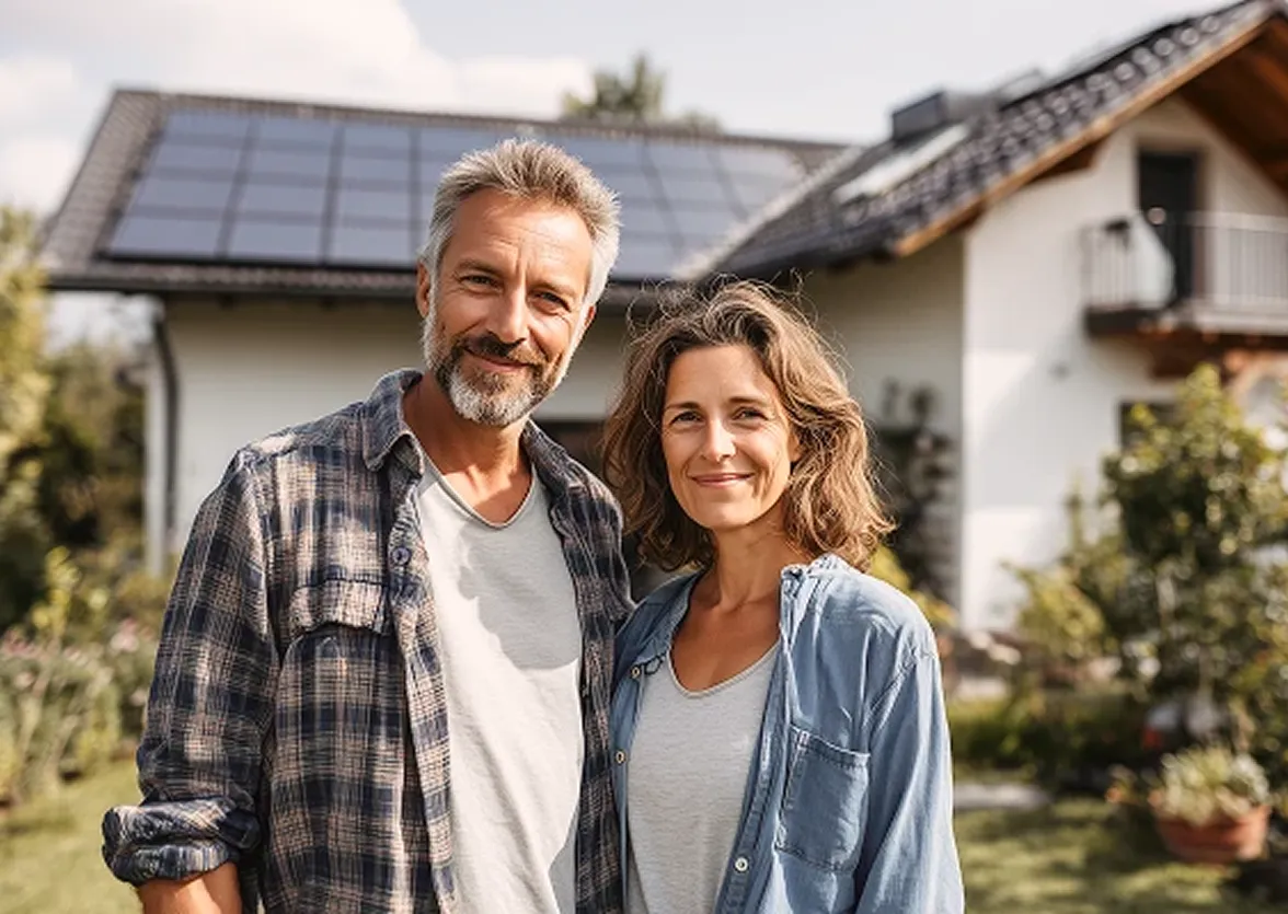 Ein Paar mittleren Alters lächelnd vor einem Haus mit Garten und Photovoltaikanlage auf dem Dach.