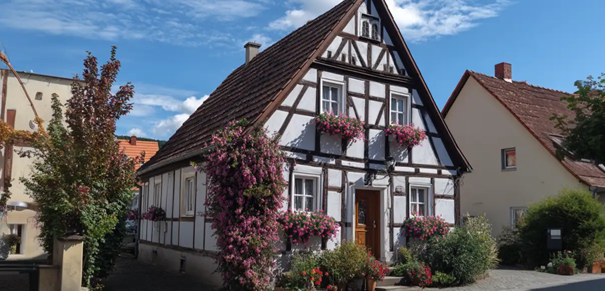 Ein Fachwerkhaus mit bunten Blumen in Fensterkästen an den Fenstern in einem Dorf.