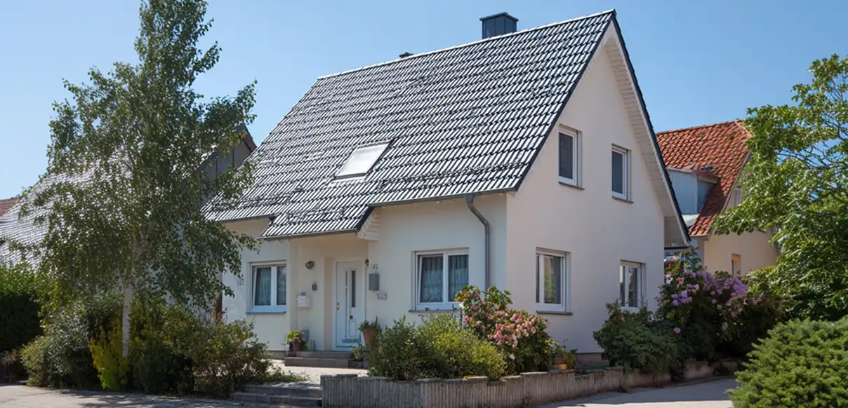 Ein modernes Haus mit Spitzdach, Einfahrt und Bäumen und Büschen drumherum.